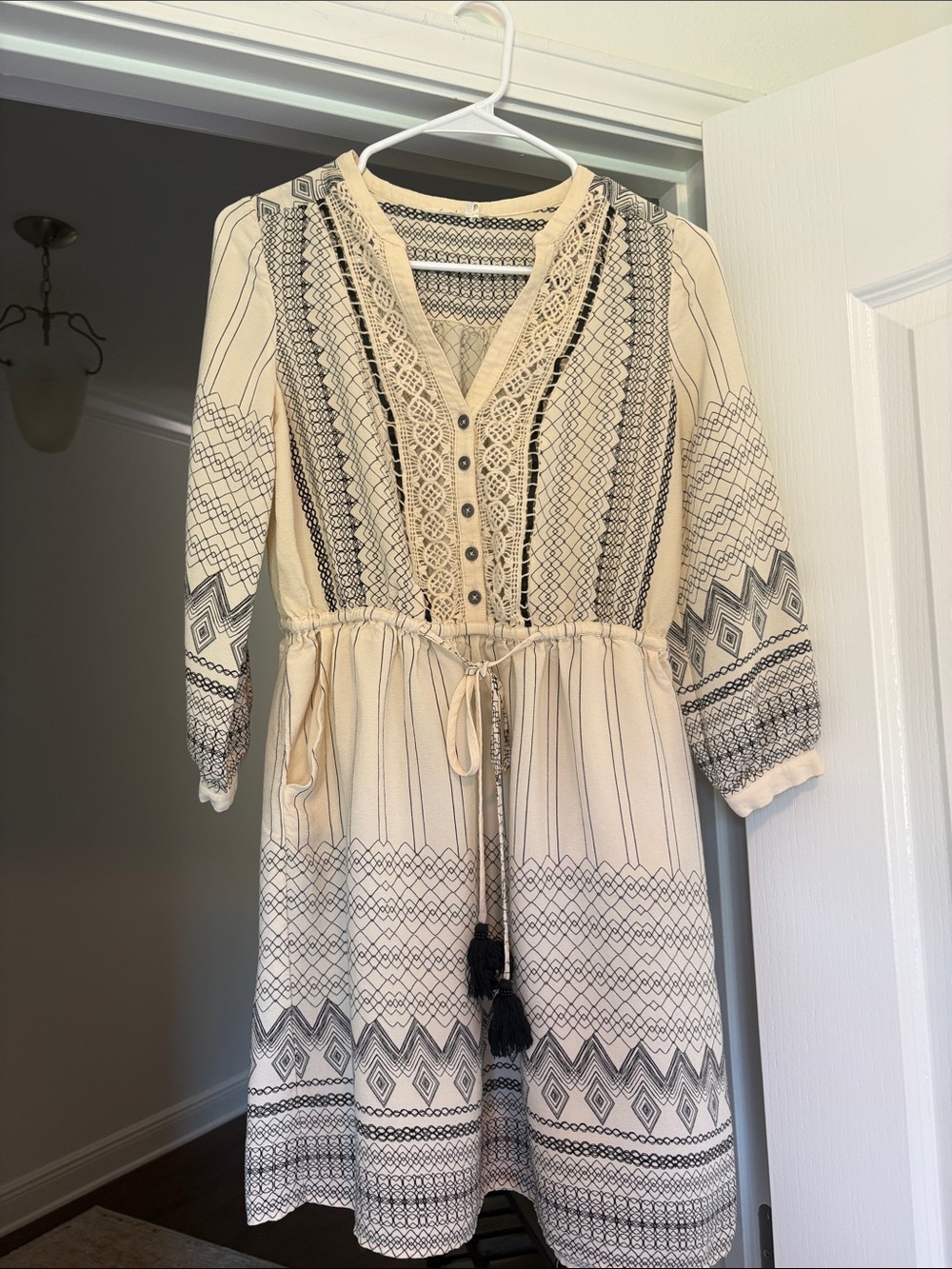Cream and Black Embroidered Long Sleeve Boho Dress